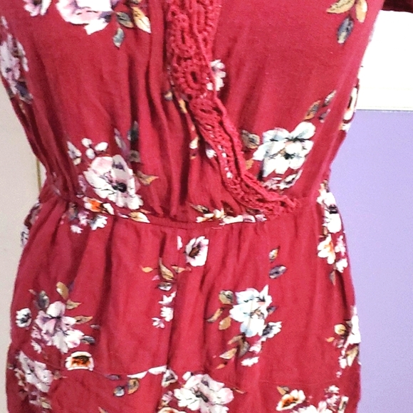 Boho Festival Burgundy Floral Laced Wrap Front Back Opening Flowy Romper M - Picture 3 of 12
